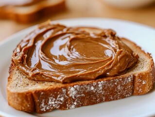 Close-up of almond butter spread on toast, swirl texture emphasized, bright breakfast setting