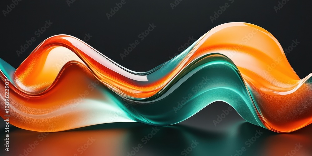 Fototapete Vibrant Abstract Wave with Fluid Motion in Orange and Green Colors on Dark Background Dynamic Design Element
