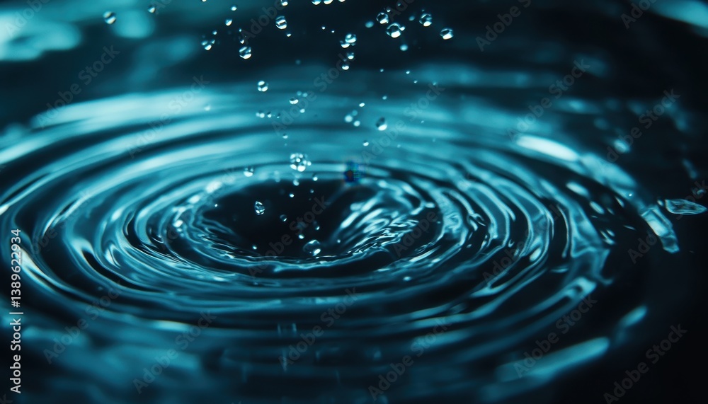 Poster vibrant blue water drop creating circular ripples on liquid surface with dynamic motion and macro de