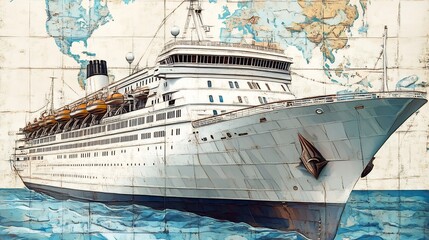 Retro cruise ship bon voyage card nautical map background blank itinerary space with anchor graphic