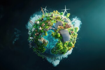 Voxel Planet with Lush Greenery Waterways and Renewable Energy Sources like Solar Panels and Wind Turbines Surrounded by Clouds on a Dark Gradient Background