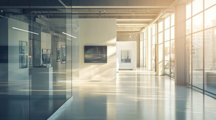Obraz premium Bright Gallery Space with Modern Art Installations and Panoramic Windows with Sun Light Creating Refelctions