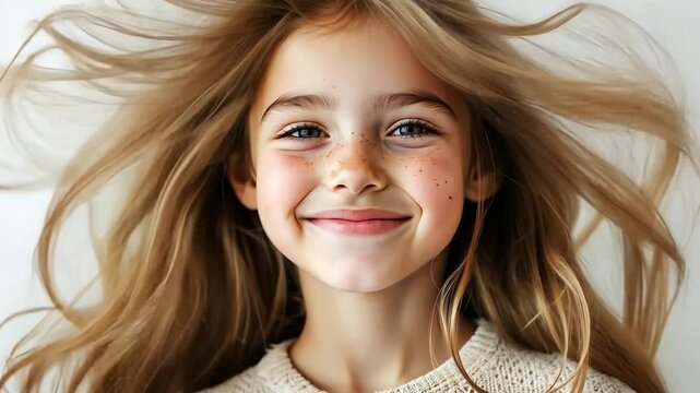 Young girl with beautiful long hair smiling warmly in a cozy sweater with natural light and soft background