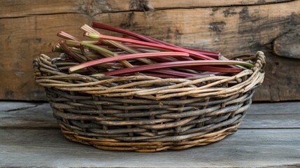 Freshly Harvested Rhubarb Sticks in a Rustic Woven Basket