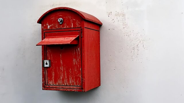 Vintage red mailbox on a white wall, retro style, classic design, urban detail, nostalgic symbol of communication and postal service aesthetics