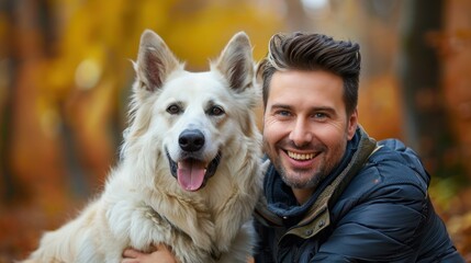 Smiling Man and His Dog in the Autumn Forest