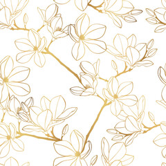 Fototapeta premium Seamless pattern background. Hand drawn nature painting with golden line magnolia flowers. 