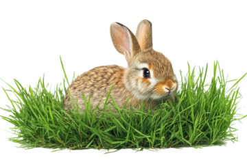 Adorable bunny rabbit nestled in vibrant green grass enjoying spring s fresh air white background