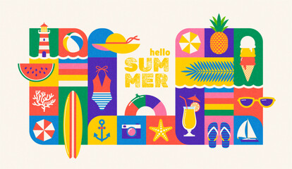 Colorful summer vacation and travel illustration, Multicolored summer time concept design for greeting card, poster, banner. Vector illustration.