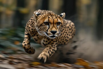 Naklejka premium Fast cheetah running through autumn forest