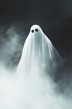 Minimalistic illustration of a ghost emerging from fog, capturing the essence of phasmophobia and fear