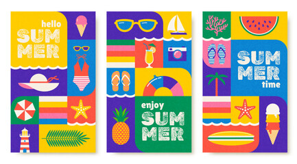 Set of colorful summer vacation and travel cards, Multicolored summer time concept design for greeting card, poster, banner. Vector illustration. © sergo77