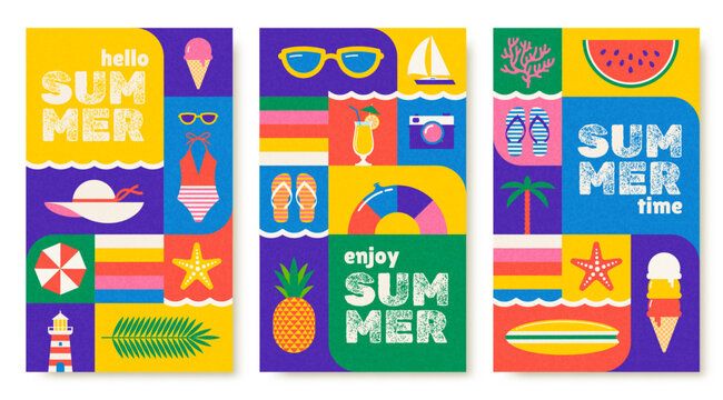 Set of colorful summer vacation and travel cards, Multicolored summer time concept design for greeting card, poster, banner. Vector illustration.