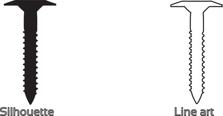 Black color various screws vector silhouette, various screws line art vector illustration set