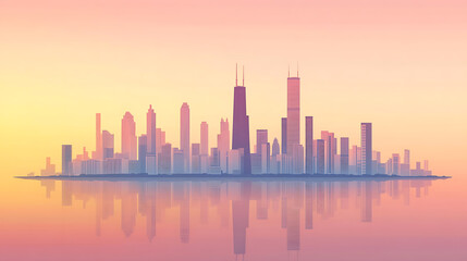 Obraz premium City skyline at sunset, reflected in calm water.