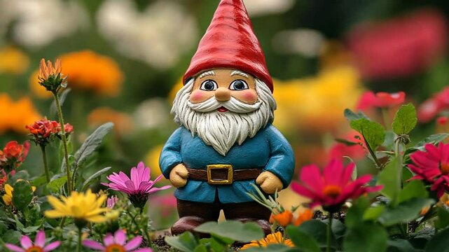 Garden gnome amidst colorful flowers