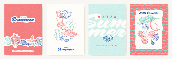 Summer beach vacation and travel cards or banner template. Modern design with hand drawn summertime things and items. Vector design for banner, cards, invitation, sale, ads.