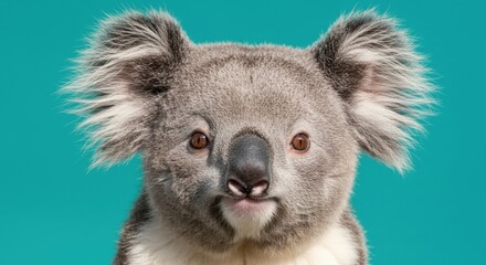 Close Up of a Gray Koala Face Against a Turquoise Backdrop