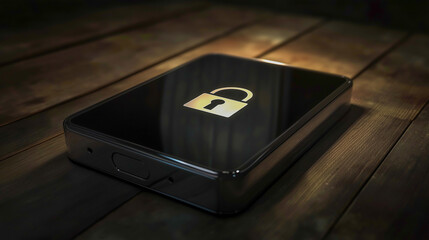 Secure mobile device showcasing online security features with a lock symbol illuminated on a wooden surface