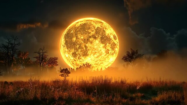 Harvest moon over pumpkin patch for Harvest Moon Festival, September 29th, glowing full moon, autumn night, tranquil scene