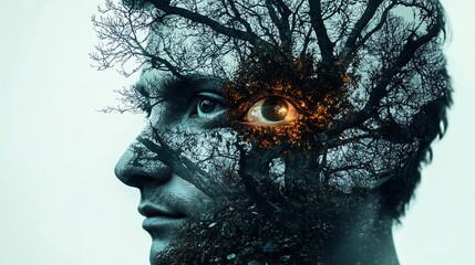 Man's Face Emerging from Winter Tree: A Mystical Double Exposure
