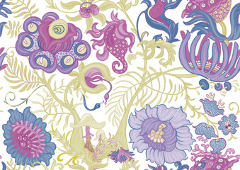 Fantasy, alien hypnotic flowers, decorative flowers and leaves. Cartoon style. Millefleurs trendy floral design. Seamless pattern, background. Outline hand drawing vector illustration.