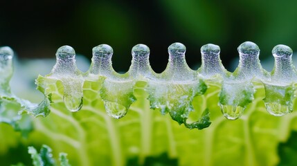 Macro detail of mizuna greens in morning dew, close-up on leaf edge and jagged structure, garden background