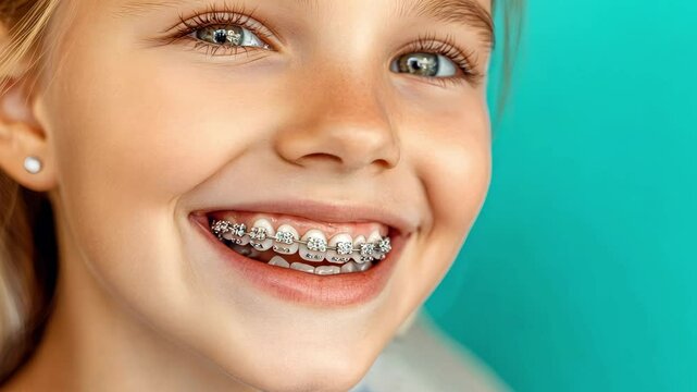 Smiling girl with braces in front of bright blue backdrop enjoys her day at a community event