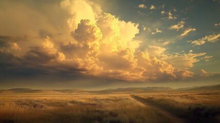 Golden Prairie Sunset: Dramatic Cloudscape over Serene Landscape