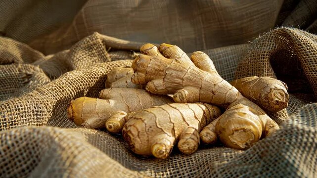 ginger on burlap background. selective focus