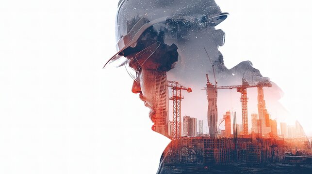 Double Exposure of Construction Worker with Cityscape Reflection