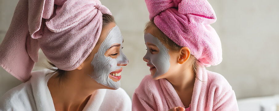 A mother and her daughter smile while wearing facial masks and bathrobes with towels wrapped around their heads, enjoying a self care moment together in a cozy bathroom setting