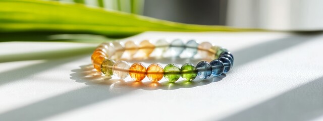 Colorful Gemstone Bracelet on White Surface with Natural Light