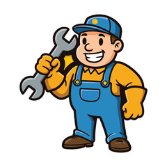Fototapeta premium Cartoon mechanic holding wrench vector illustration repair service concept art