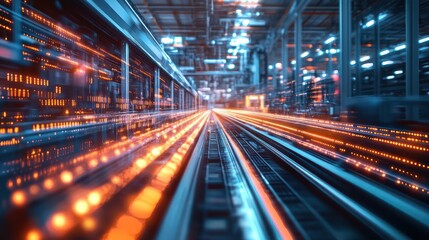 Fototapeta premium Futuristic data flow on rails for modern technology and transportation concept