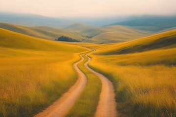 Golden fields, winding road through hills.  A serene rural landscape with a pathway meandering through tall grass, leading to a hazy mountain range.  Golden sunlight bathes the fields,