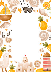 Vertical border frame Summer vibe . Summertime collection with sand castle, boat, seagull, light house. Summer vacation hand drawn cartoon illustration