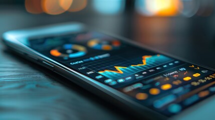 A close-up of a smartphone screen displaying augmented reality charts and analytics in a business context.