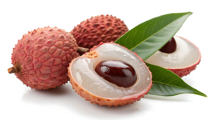 Fresh Lychee Fruits with Juicy Translucent Flesh and Shiny Brown Seeds, Garnished with Green Leaves