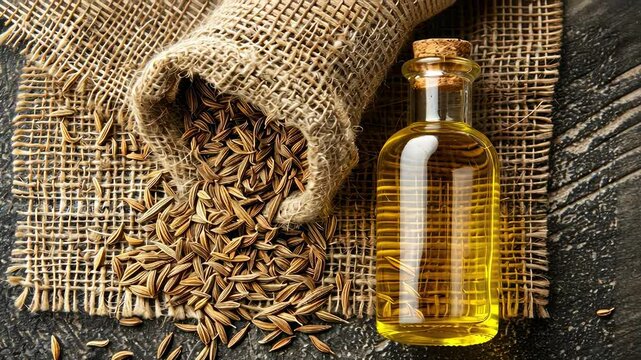 cumin essential oil on the background of burlap top view