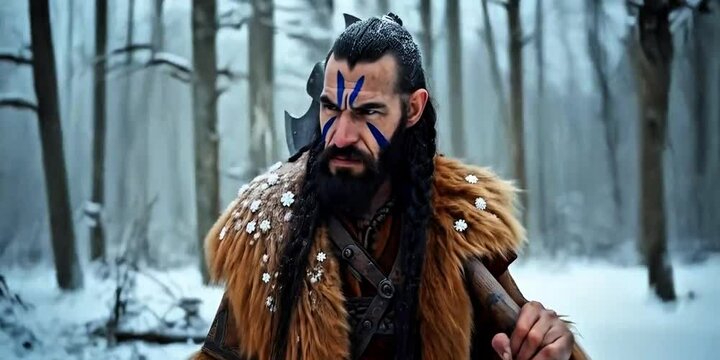 Long haired warrior with axe, snow covered winter jungle, angry man, animal wool clothes, rage face, snowfall woods, tribal style, game character look