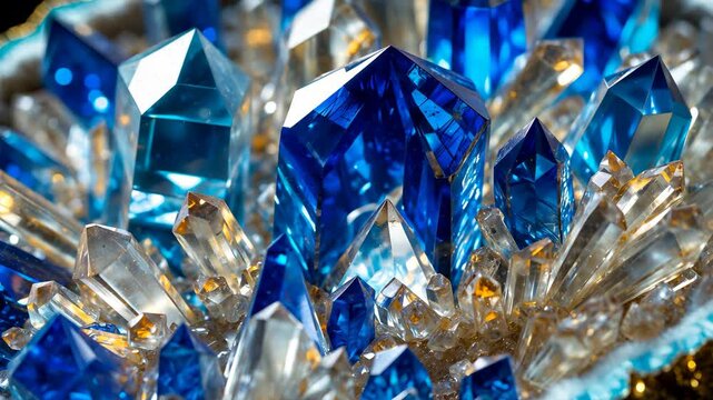 Detailed cross-sectional view of a vibrant geode. Beautiful natural gemstone crystals. Extreme macro close-up shot.