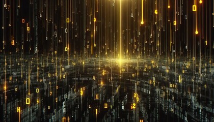 Fototapeta premium Black with Yellow Code Matrix Black background with falling line