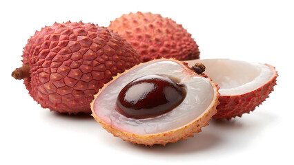 Fresh Lychee Fruits with Juicy Translucent Flesh and Shiny Brown Seeds, Garnished with Green Leaves