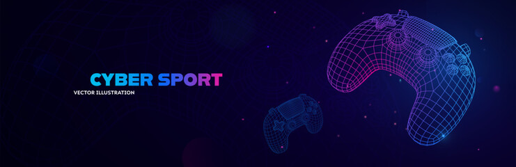 Neon Wireframe Game Controller Banner With Futuristic Glow On Dark Background, Ideal For Esports Promotions And Gaming Websites. Vector Illustration. © Oleg