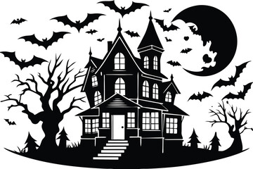 Spooky haunted house with bats on a moonlit  night.