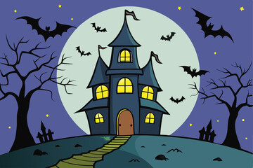 Spooky haunted house with bats on a moonlit  night.