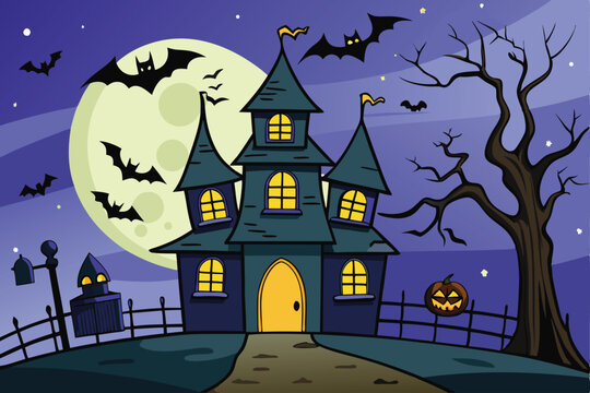 Spooky haunted house with bats on a moonlit  night.