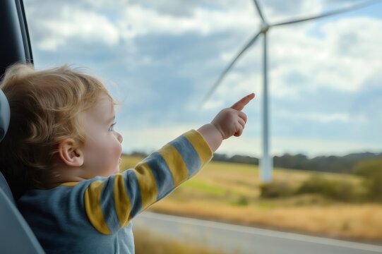 Curious toddler pointing at a wind turbine from car window, learning about renewable energy sources and clean power generation