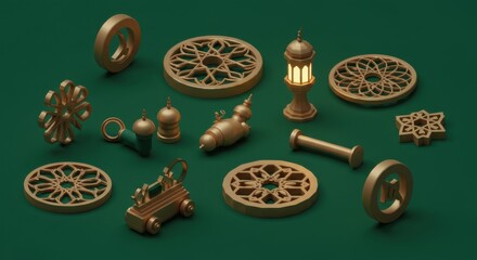Fototapeta premium Golden Ramadan Objects on Green Surface with Ornamental Geometric Shapes